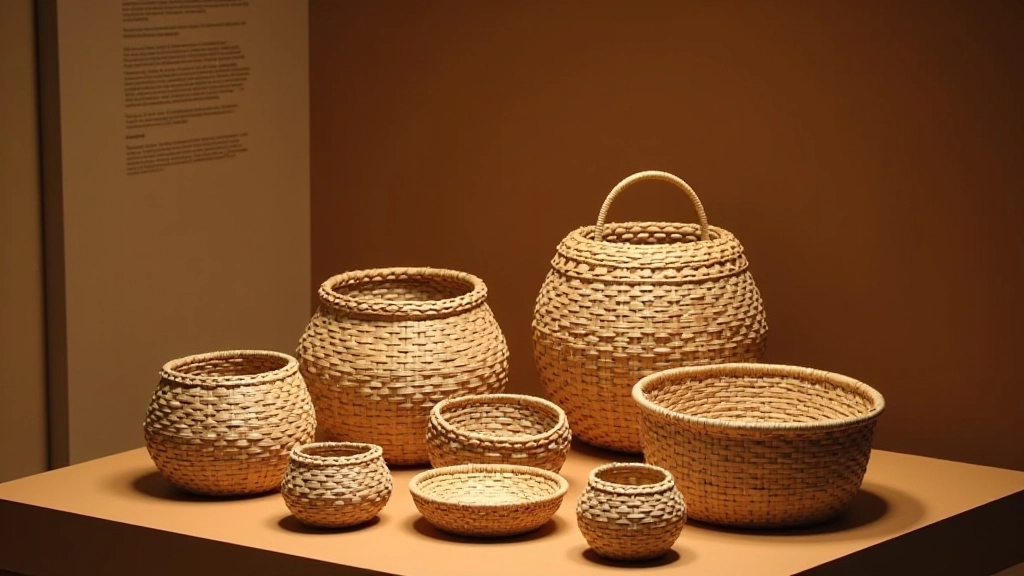 Handwoven baskets of various sizes and styles arranged in museum display