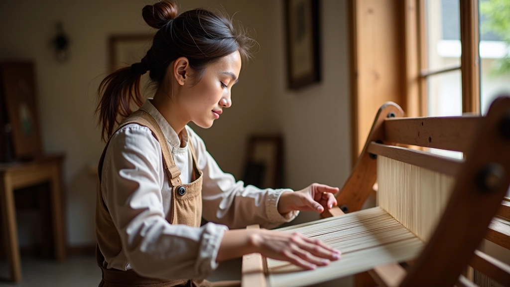 Contemporary weaver at modern loom workspace showing blend of traditional and current textile production methods