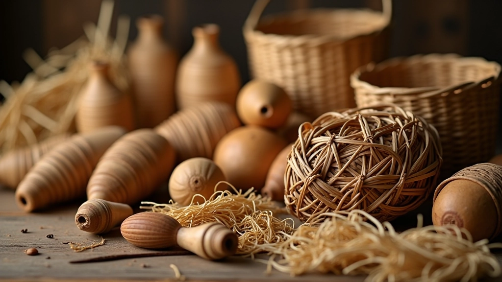 Array of natural basket-making materials including reed, raffia, willow, and dyed plant fibers organized by color and type