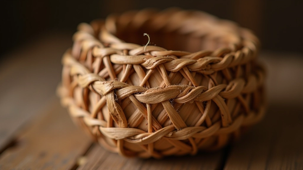 Close-up detail of woven basket showing intricate weaving pattern and natural fiber texture with warm earth tones
