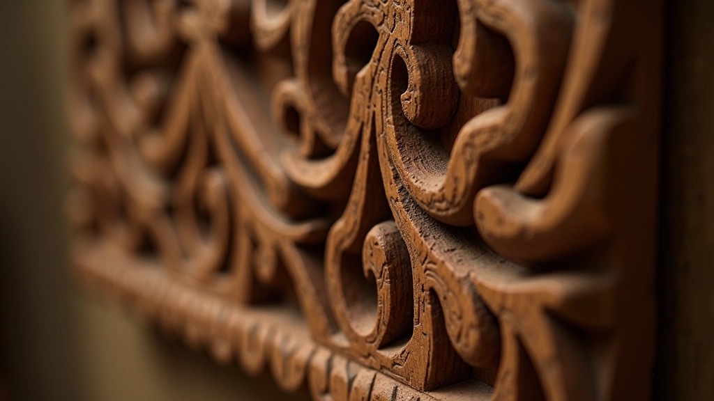 Close-up detail of intricate hand-carved wooden relief showing traditional chip-carving technique with geometric patterns and natural wood grain