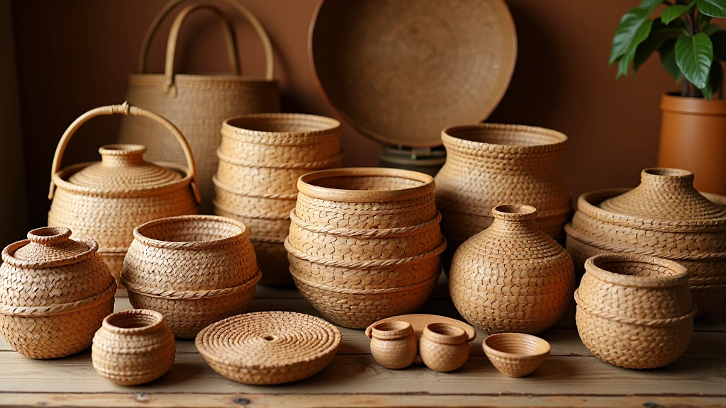 Collection of handwoven baskets displaying various weaving patterns and traditional basket-making techniques