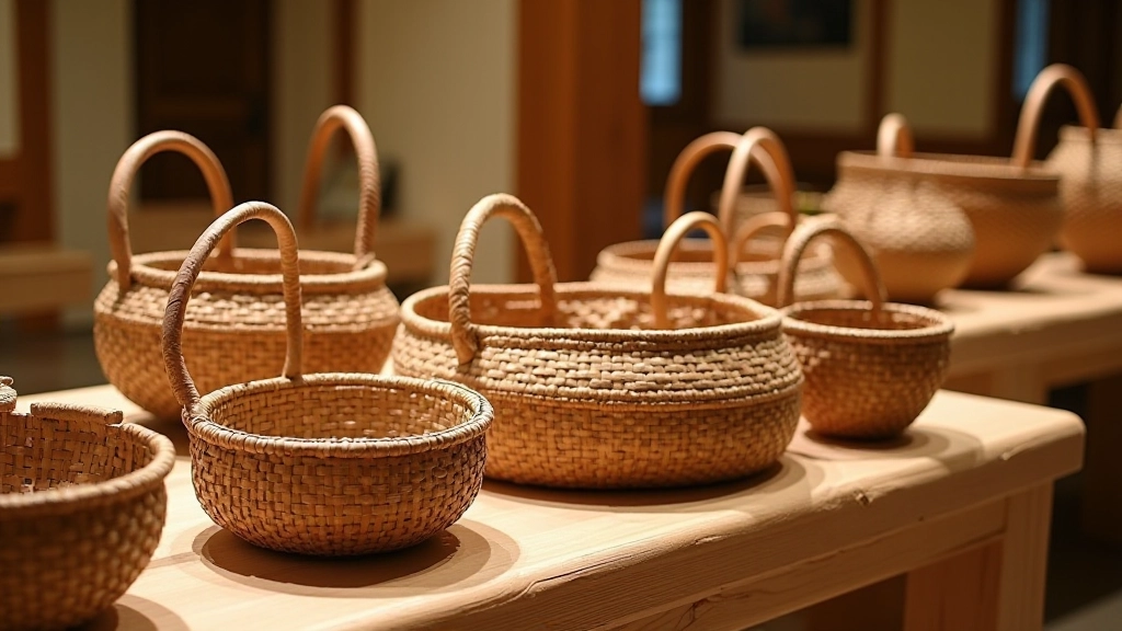 Woven baskets of various sizes and traditional patterns