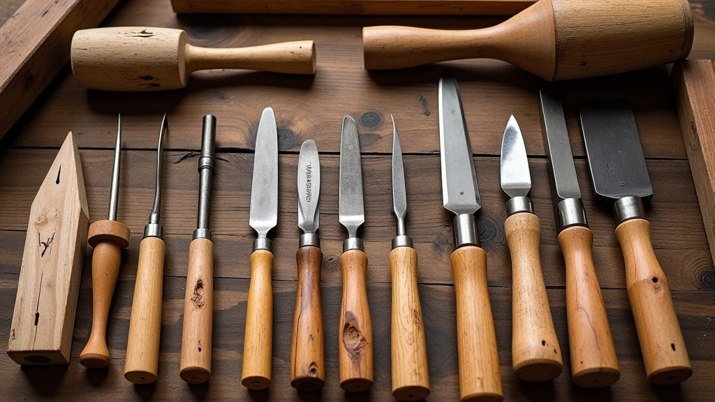 Traditional hand carving tools laid out including various gouges, chisels, knives, mallets and sharpening stones on wooden workbench