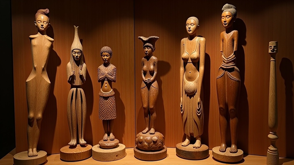 Hand-carved wooden figures and decorative pieces displayed
