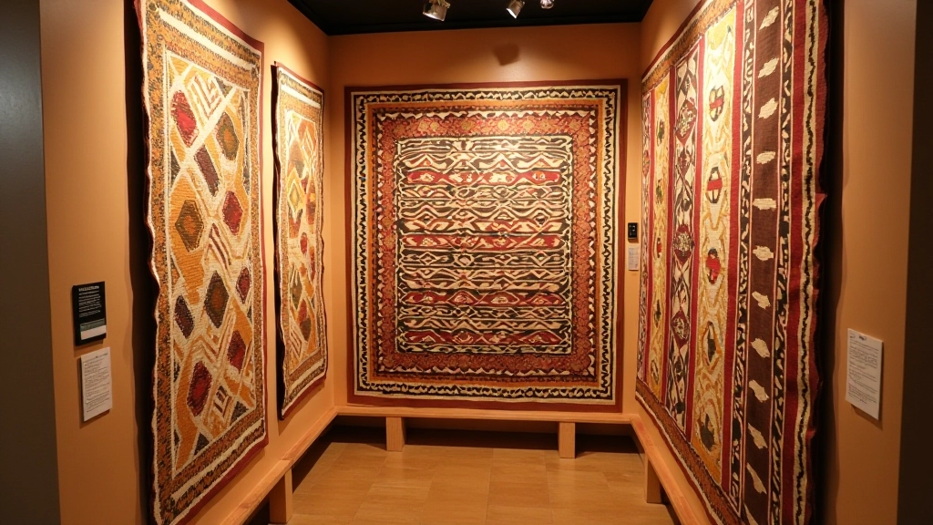 Colorful woven textile fabrics with traditional patterns hanging in gallery space
