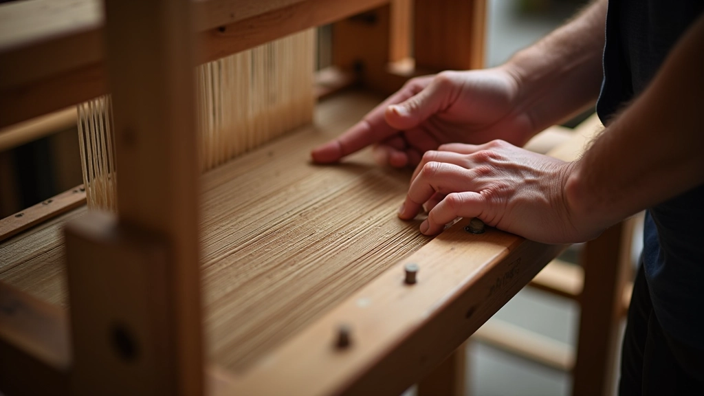 Weavers' hands demonstrating weaving technique at traditional loom with colored threads and shuttle