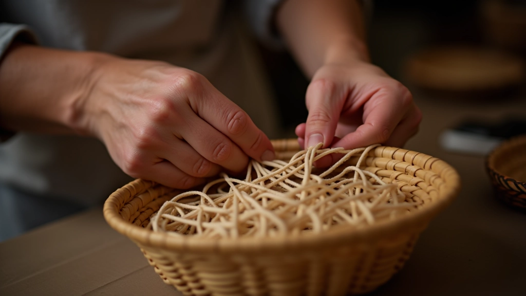 Artisan's hands working on basket weaving, showing finger positioning and weaving technique with natural fiber materials