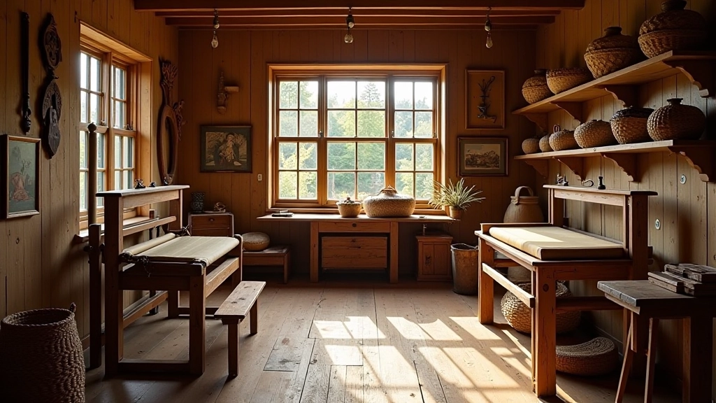 Traditional craft workshop with textile looms and artisan tools