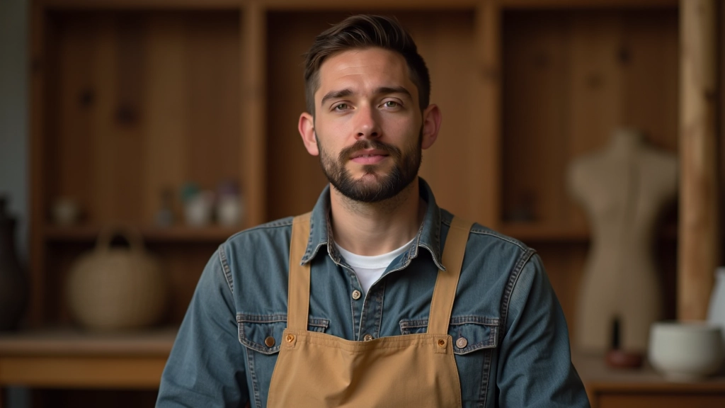 Portrait of young basket maker in studio setting, modern aesthetic, focused expression