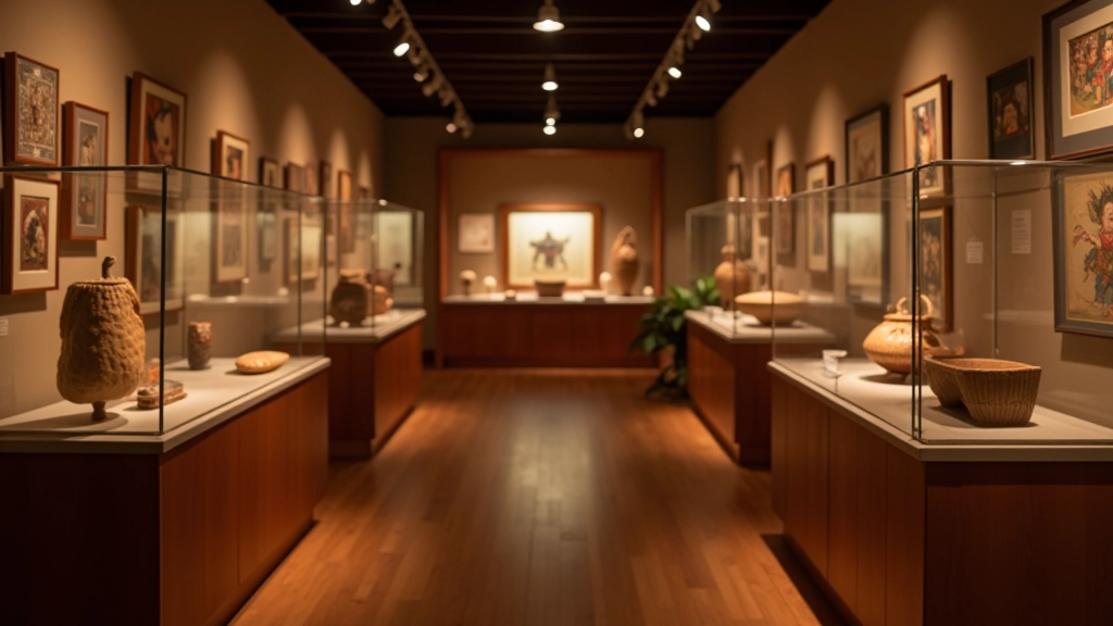Museum gallery interior showing multiple heritage craft displays including woven textiles, wooden sculptures, and traditional baskets
