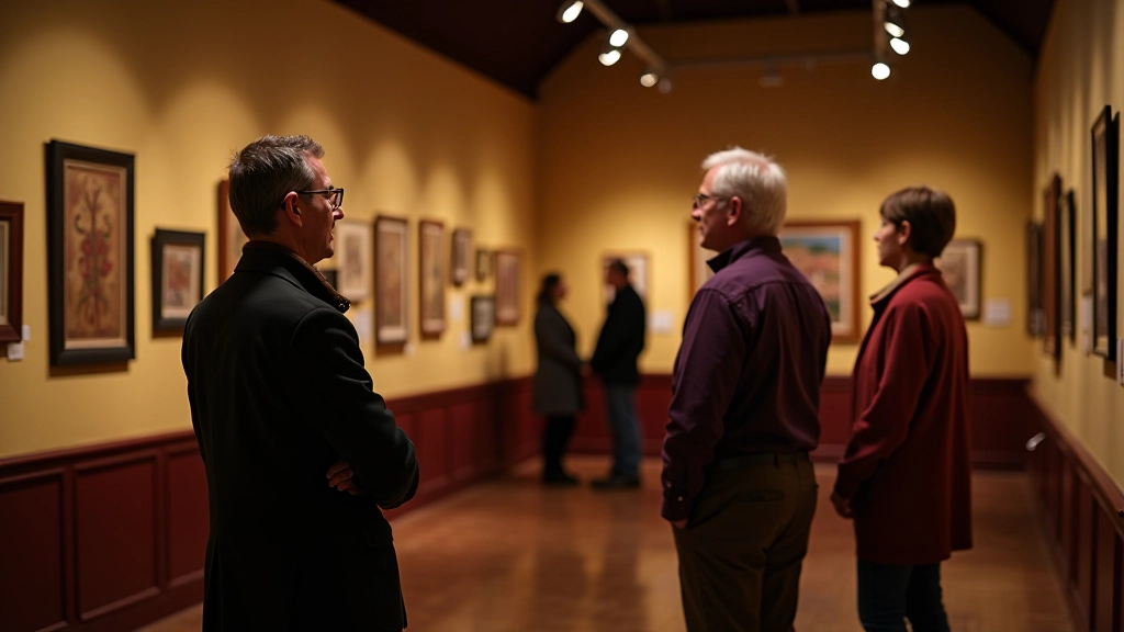Museum docent leading a group tour through gallery space with folk art displays and heritage collections visible
