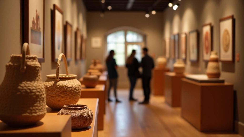 Museum gallery interior displaying basket collection on shelves and pedestals, professional lighting highlighting craftsmanship