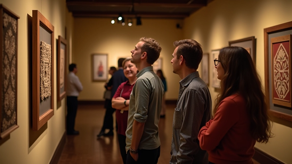 Museum visitors gathered around a docent in front of displayed textile collection pieces in exhibition gallery