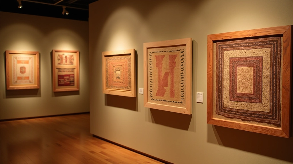 Museum gallery display of historical textile collection arranged on display panels showing preserved weaving examples