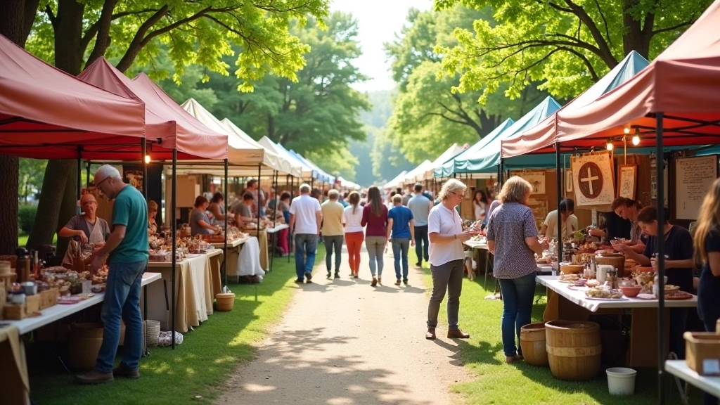 Annual craft fair with vendor booths and visitors browsing handmade items