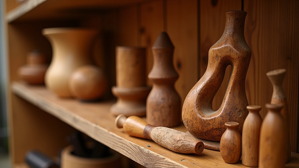 Wooden hand tools and carved decorative wooden items on display shelf