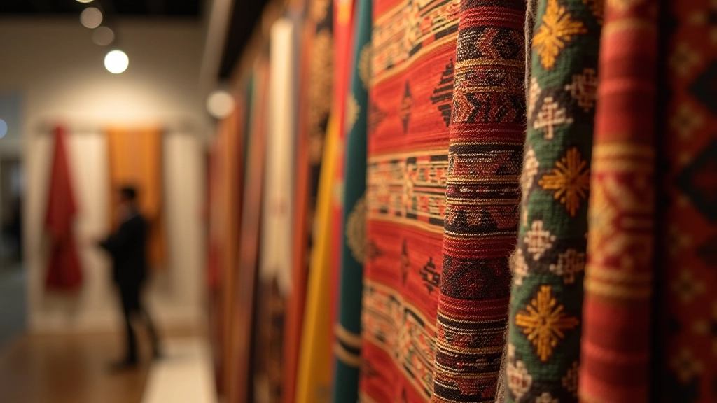 Close-up of traditional textile weaving patterns displayed in museum exhibition with detailed fabric samples
