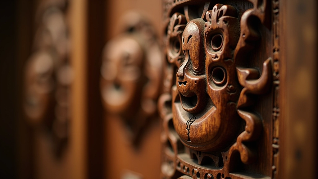 Detailed close-up of traditional woodcarving with intricate patterns and craftsmanship displayed in museum lighting