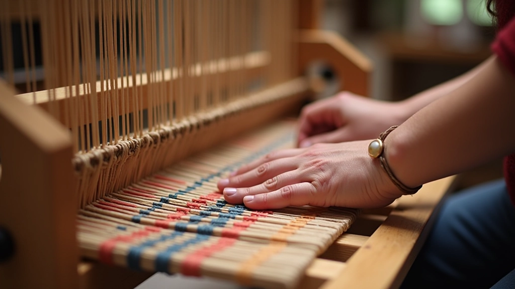 Folk art textile weaving loom with colorful threads