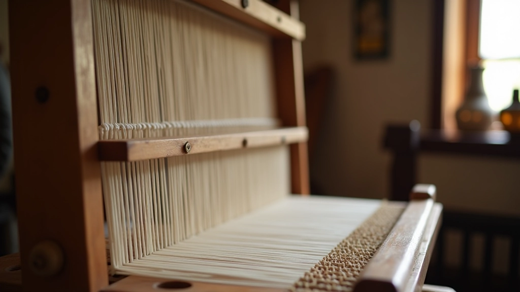 Traditional wooden loom with warp threads stretched across, showing authentic heritage weaving equipment in workshop setting