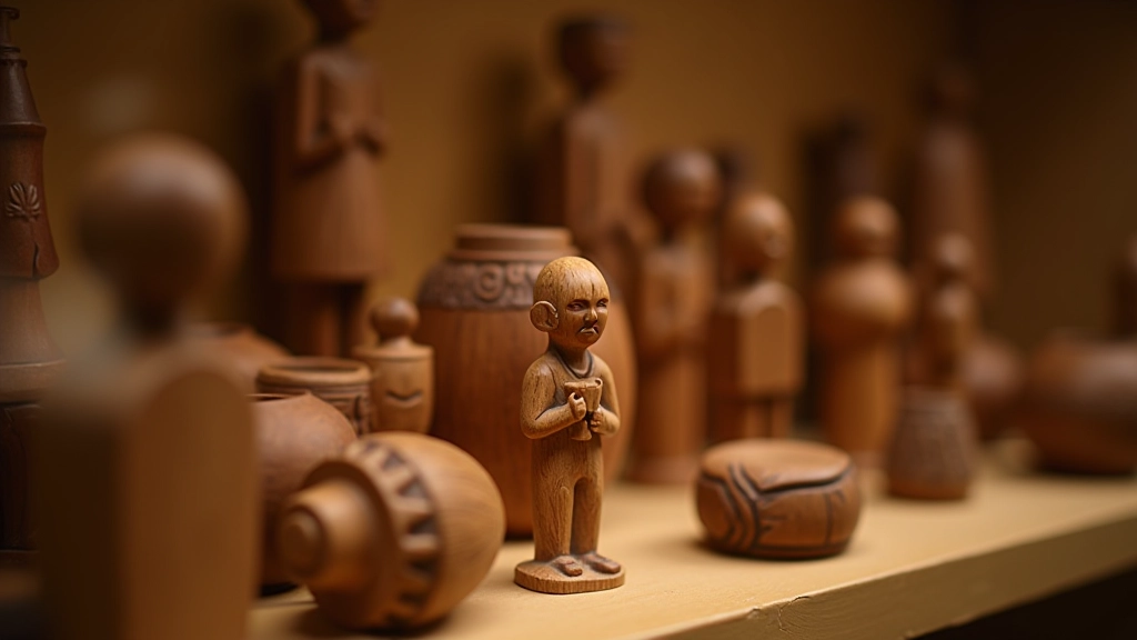 Collection of traditional wooden carved figures and decorative sculptures displaying regional woodcarving artistry