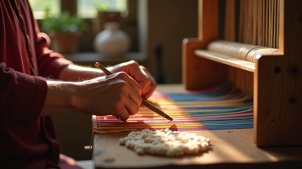 Hands working on traditional textile weaving loom with colorful threads and intricate patterns visible